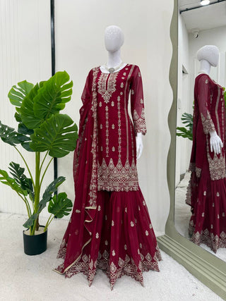 Pink Graceful Faux Georgette Sharara Set with Thread & Sequin Embroidery and Lace Border Dupatta ClothsVilla