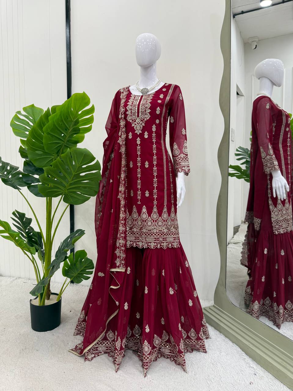 Pink Graceful Faux Georgette Sharara Set with Thread & Sequin Embroidery and Lace Border Dupatta ClothsVilla