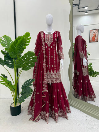 Pink Graceful Faux Georgette Sharara Set with Thread & Sequin Embroidery and Lace Border Dupatta ClothsVilla
