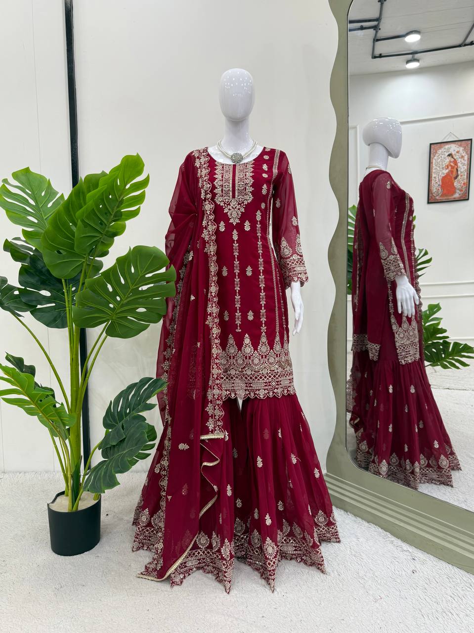 Pink Graceful Faux Georgette Sharara Set with Thread & Sequin Embroidery and Lace Border Dupatta ClothsVilla