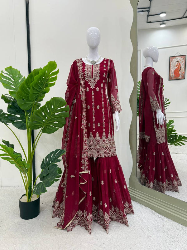 Pink Graceful Faux Georgette Sharara Set with Thread & Sequin Embroidery and Lace Border Dupatta ClothsVilla