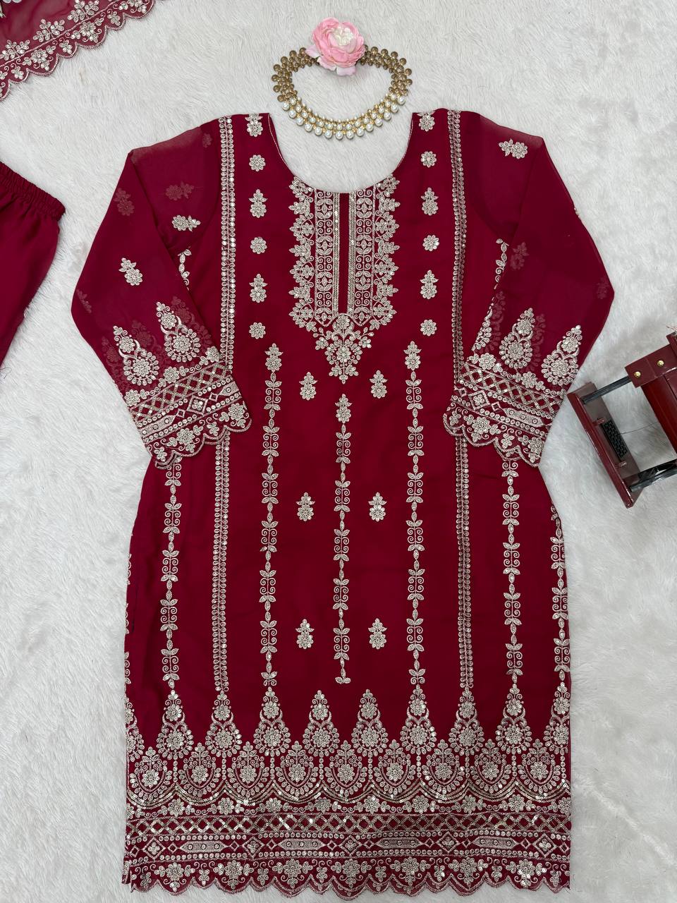 Pink Graceful Faux Georgette Sharara Set with Thread & Sequin Embroidery and Lace Border Dupatta ClothsVilla