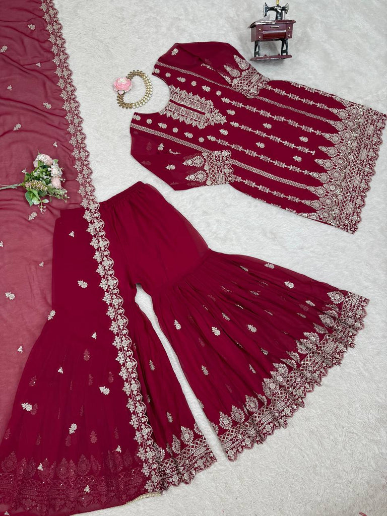 Pink Graceful Faux Georgette Sharara Set with Thread & Sequin Embroidery and Lace Border Dupatta ClothsVilla