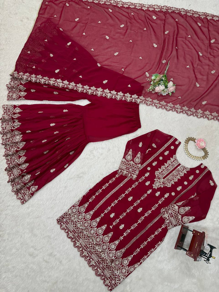 Pink Graceful Faux Georgette Sharara Set with Thread & Sequin Embroidery and Lace Border Dupatta ClothsVilla