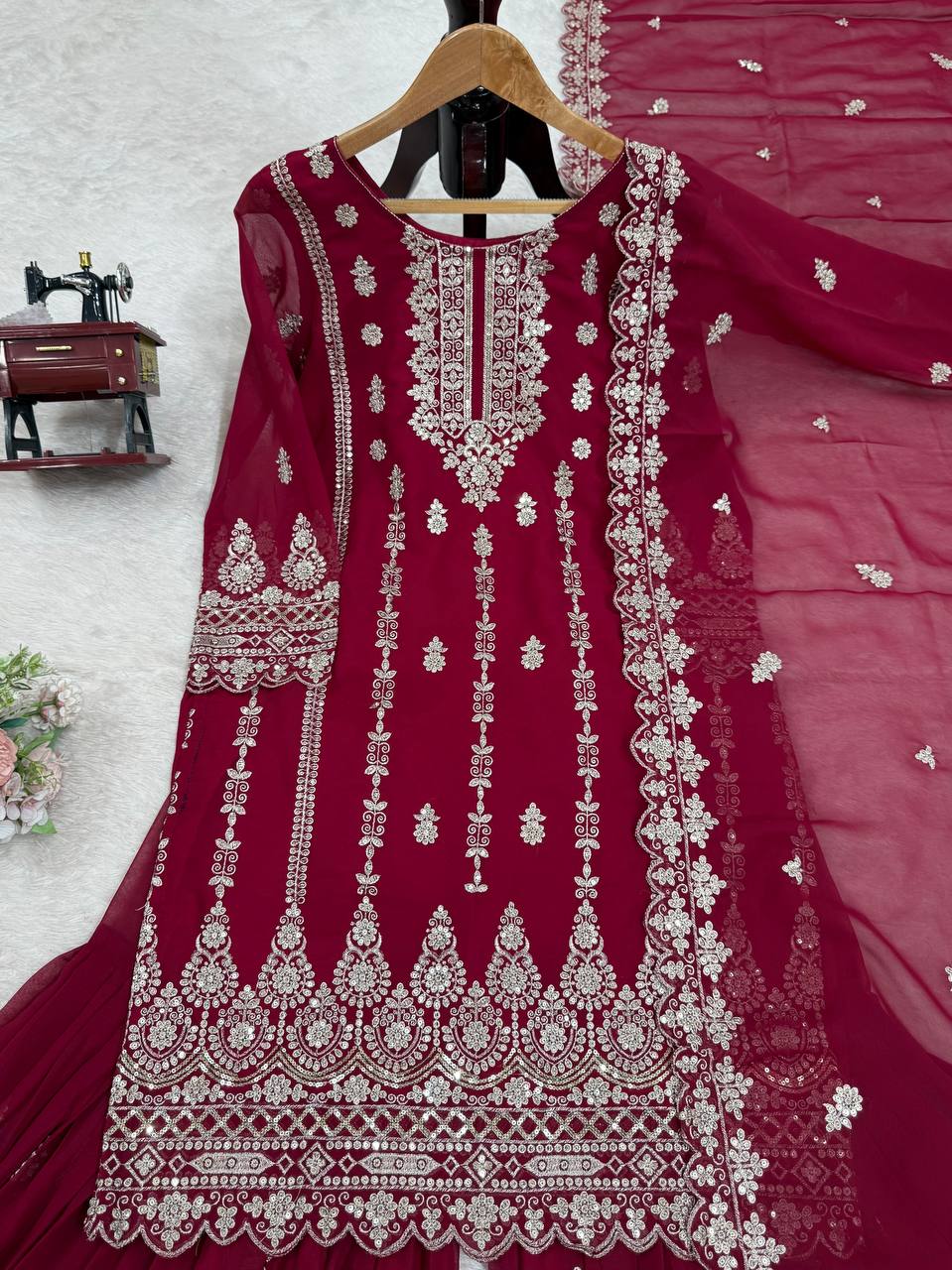 Pink Graceful Faux Georgette Sharara Set with Thread & Sequin Embroidery and Lace Border Dupatta ClothsVilla
