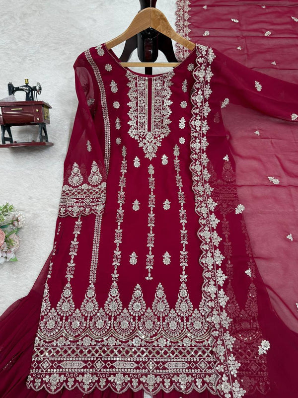 Pink Graceful Faux Georgette Sharara Set with Thread & Sequin Embroidery and Lace Border Dupatta ClothsVilla