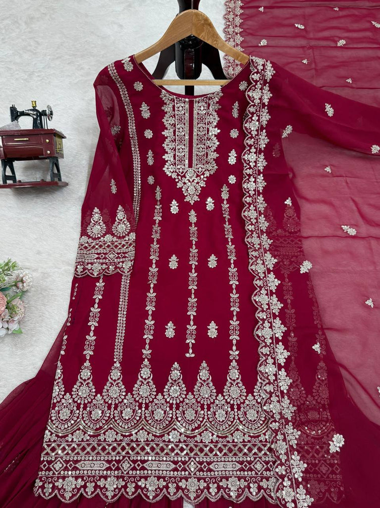 Pink Graceful Faux Georgette Sharara Set with Thread & Sequin Embroidery and Lace Border Dupatta ClothsVilla
