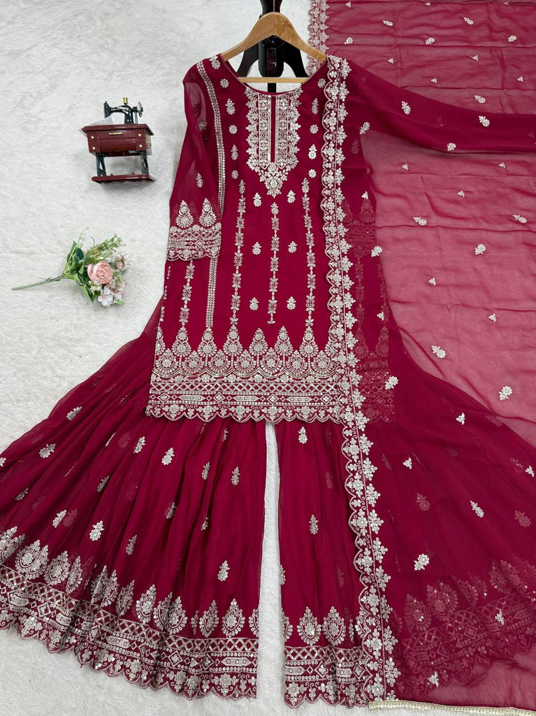 Pink Graceful Faux Georgette Sharara Set with Thread & Sequin Embroidery and Lace Border Dupatta ClothsVilla