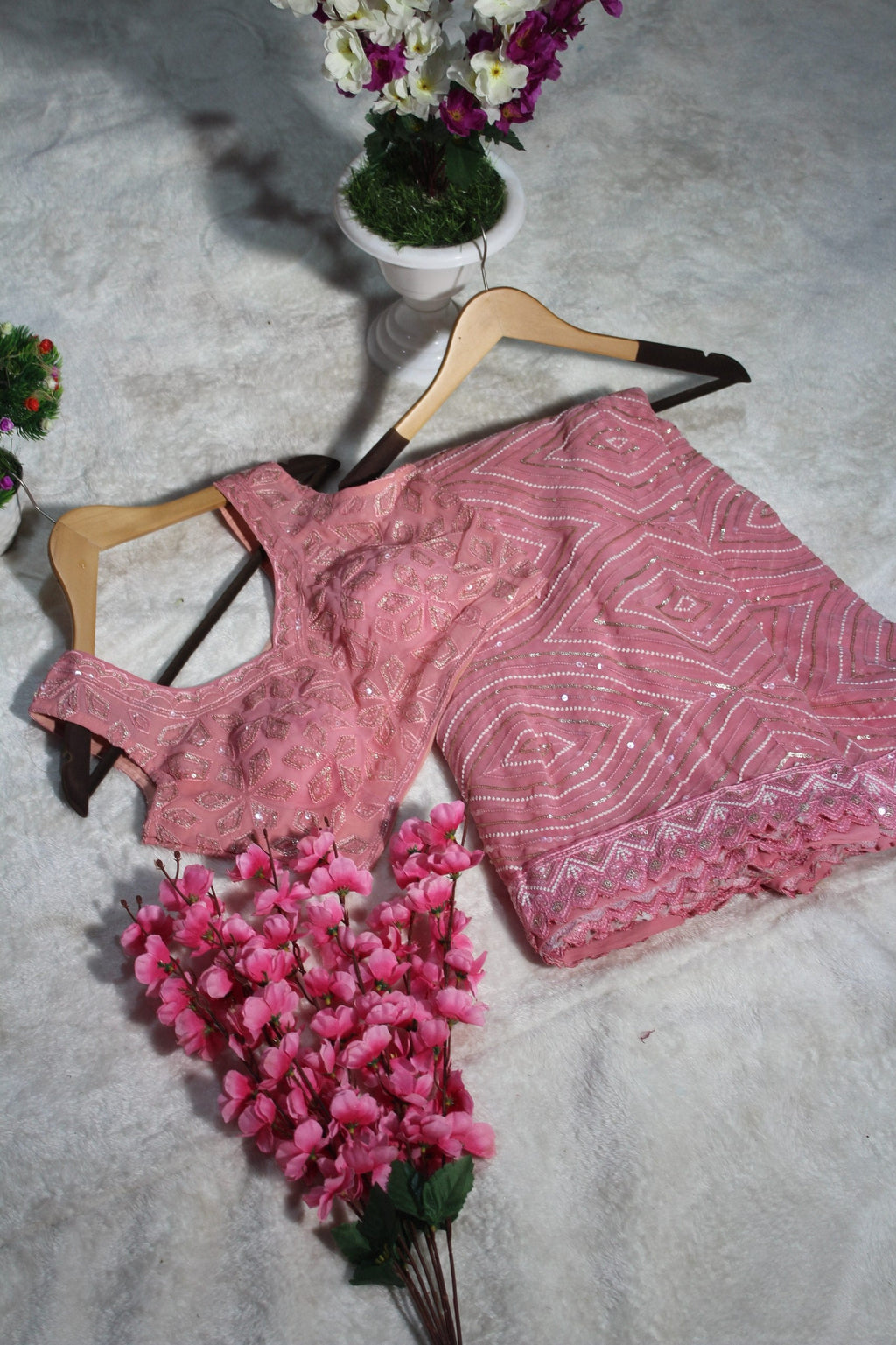Pink Graceful Georgette Saree with Thread & Sequins Work Unstitched Blouse Included ClothsVilla