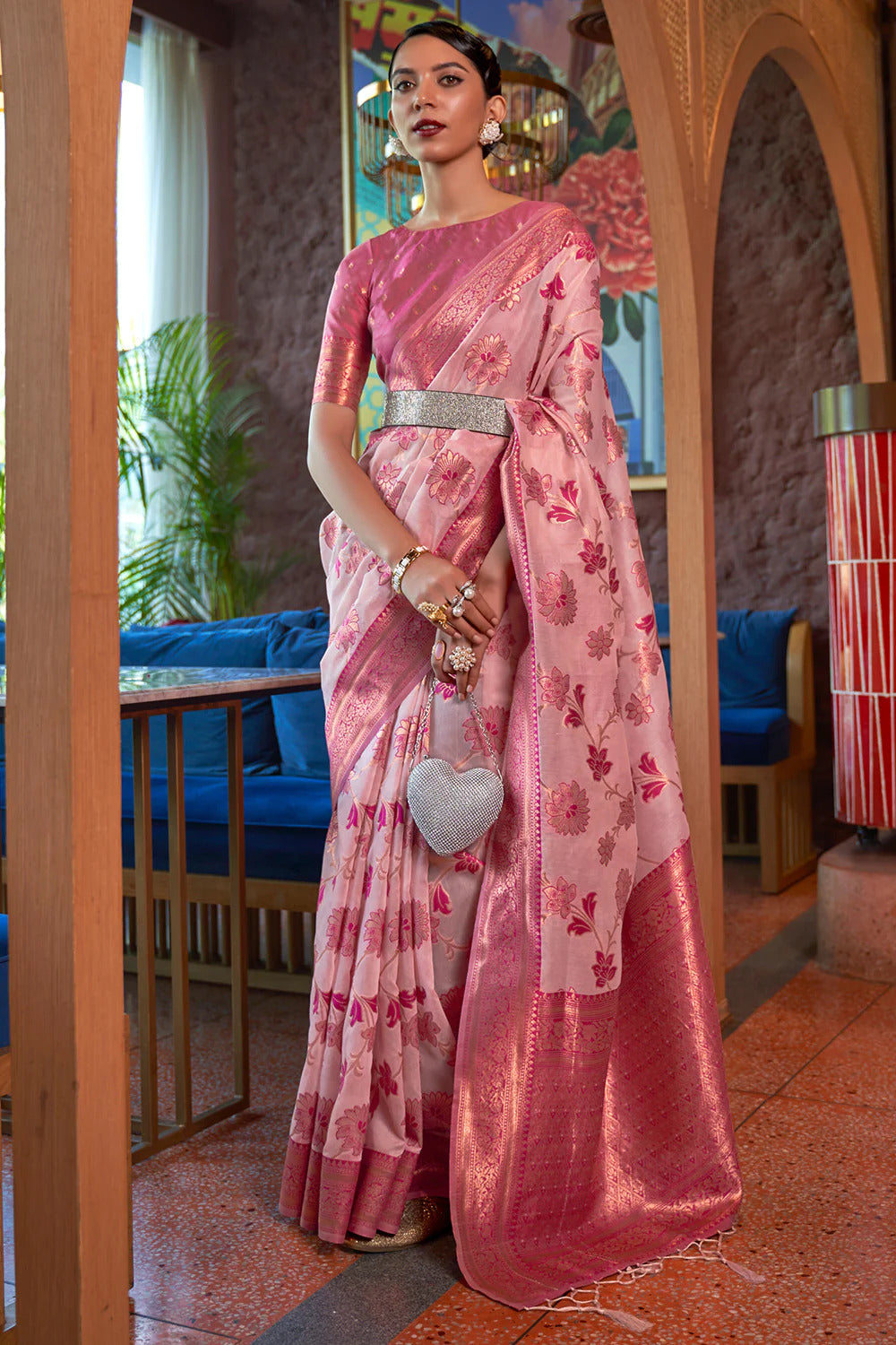 Pink Graceful & Gold-Toned Banarasi Silk Blend Saree with Zari Woven Border ClothsVilla Main image
