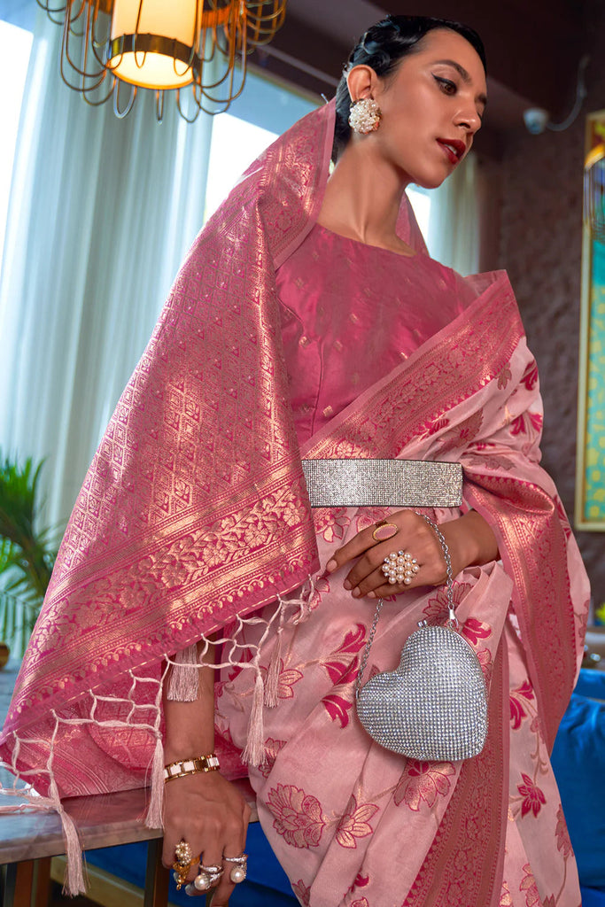 Pink Graceful & Gold-Toned Banarasi Silk Blend Saree with Zari Woven Border ClothsVilla