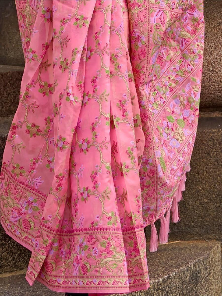 Pink Graceful Organza Silk Parsi Handloom Weaving Saree with Blouse Piece ClothsVilla