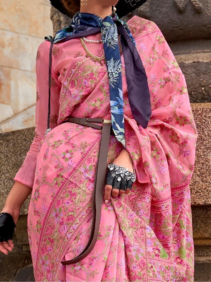 Pink Graceful Organza Silk Parsi Handloom Weaving Saree with Blouse Piece ClothsVilla