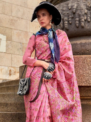 Pink Graceful Organza Silk Parsi Handloom Weaving Saree with Blouse Piece ClothsVilla