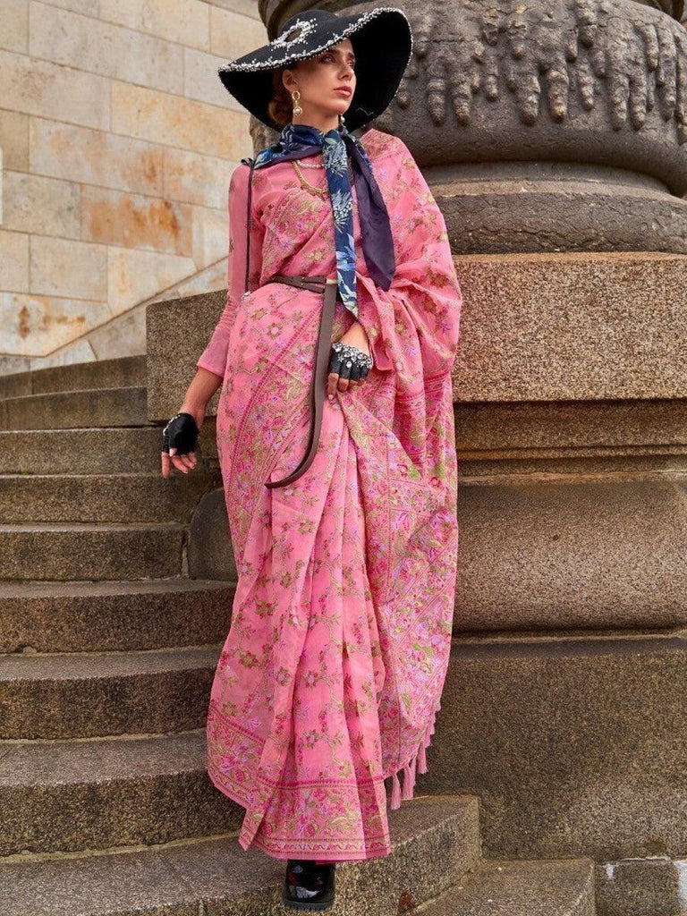 Pink Graceful Organza Silk Parsi Handloom Weaving Saree with Blouse Piece ClothsVilla