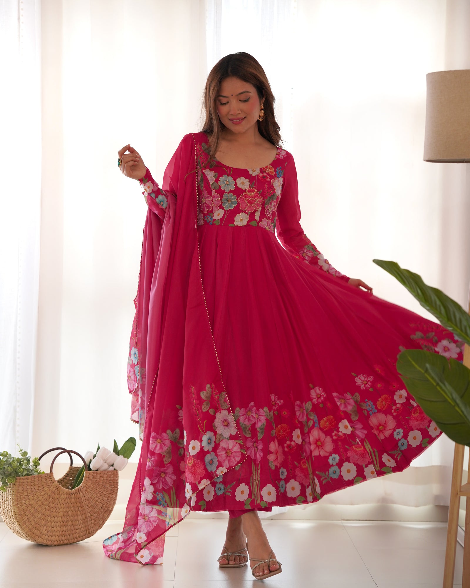Pink Graceful Pure Organza Silk Anarkali Suit with Gota Patti Dupatta