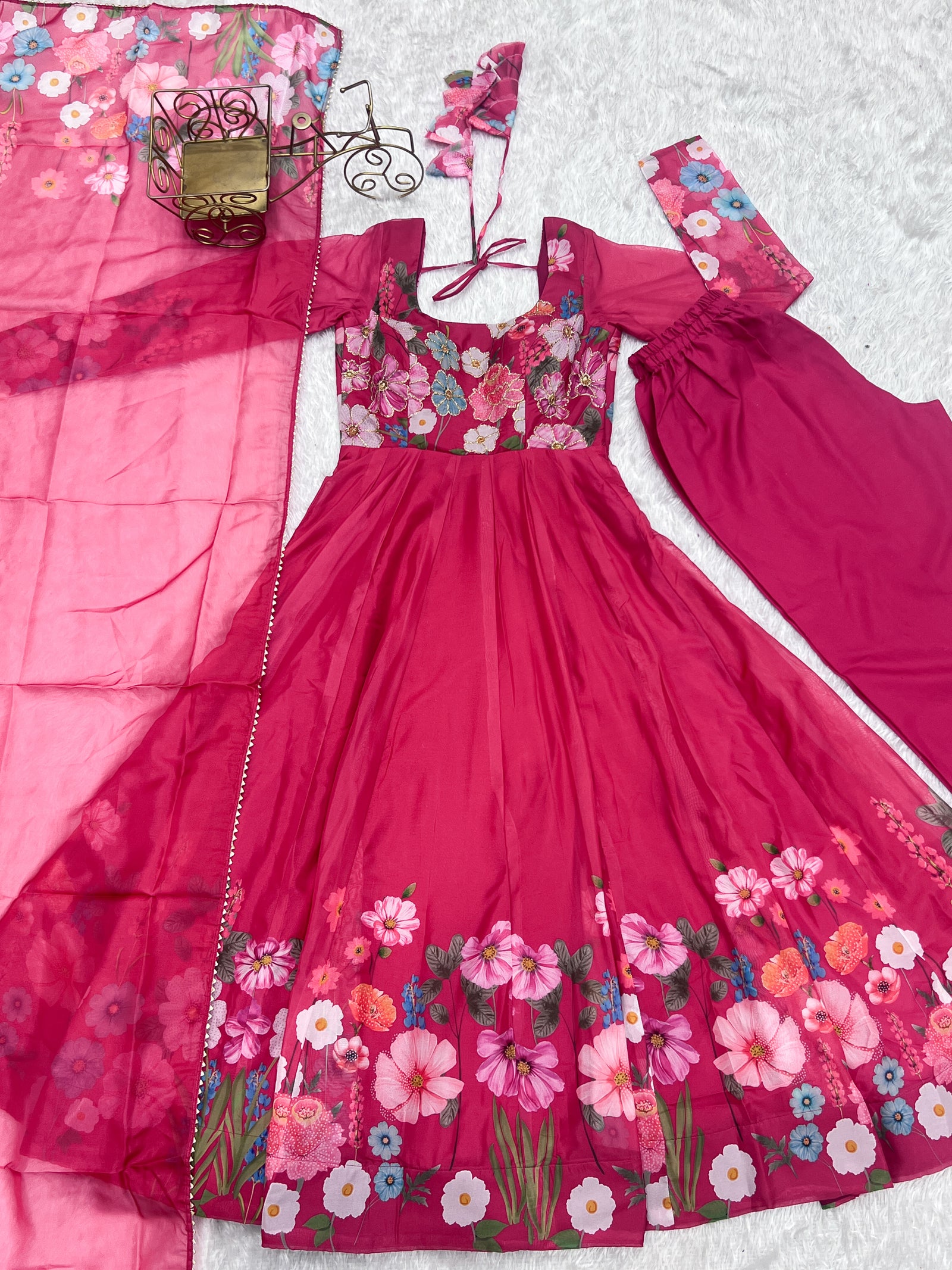 Pink Graceful Pure Organza Silk Anarkali Suit with Gota Patti Dupatta