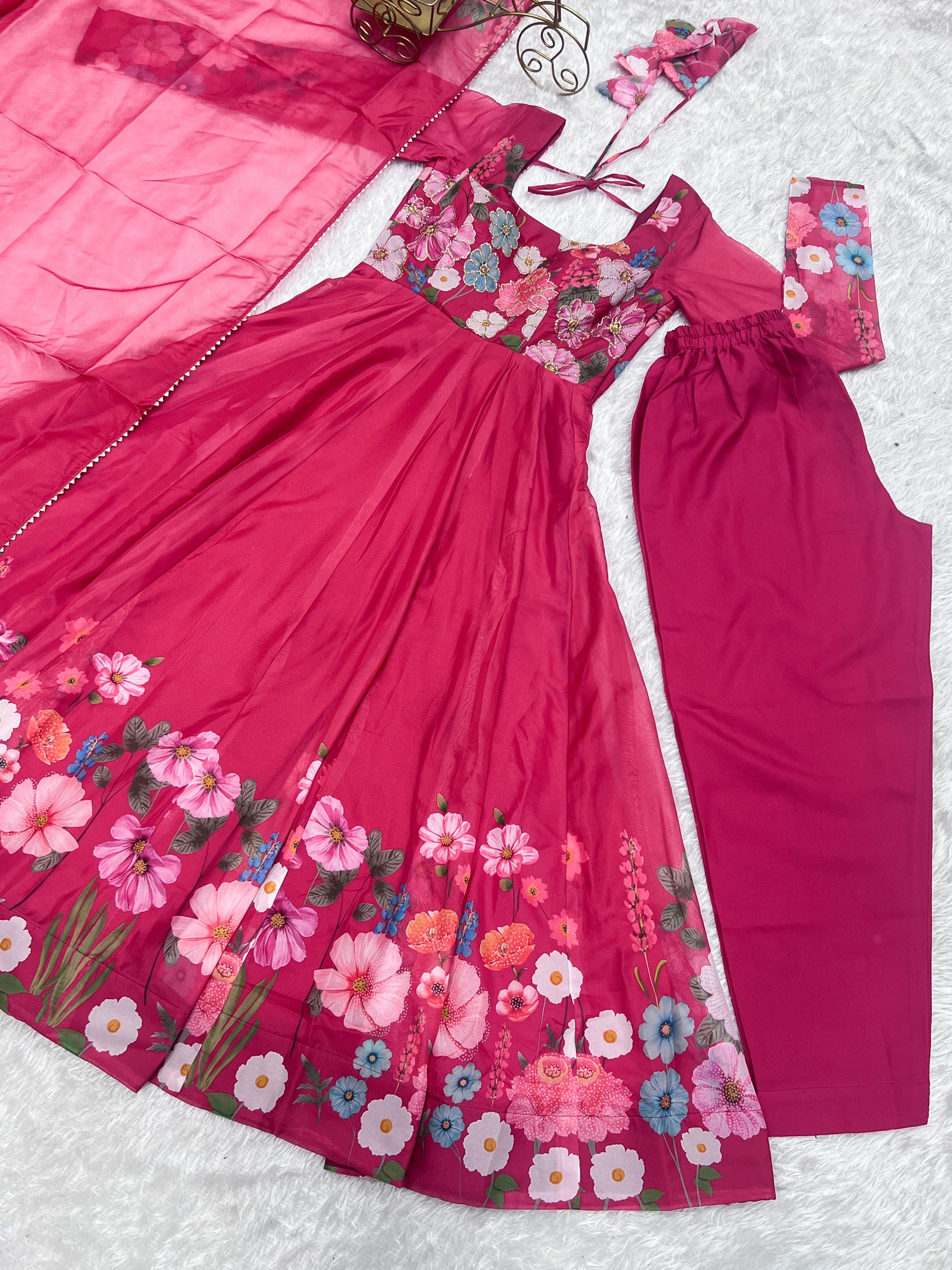 Pink Graceful Pure Organza Silk Anarkali Suit with Gota Patti Dupatta