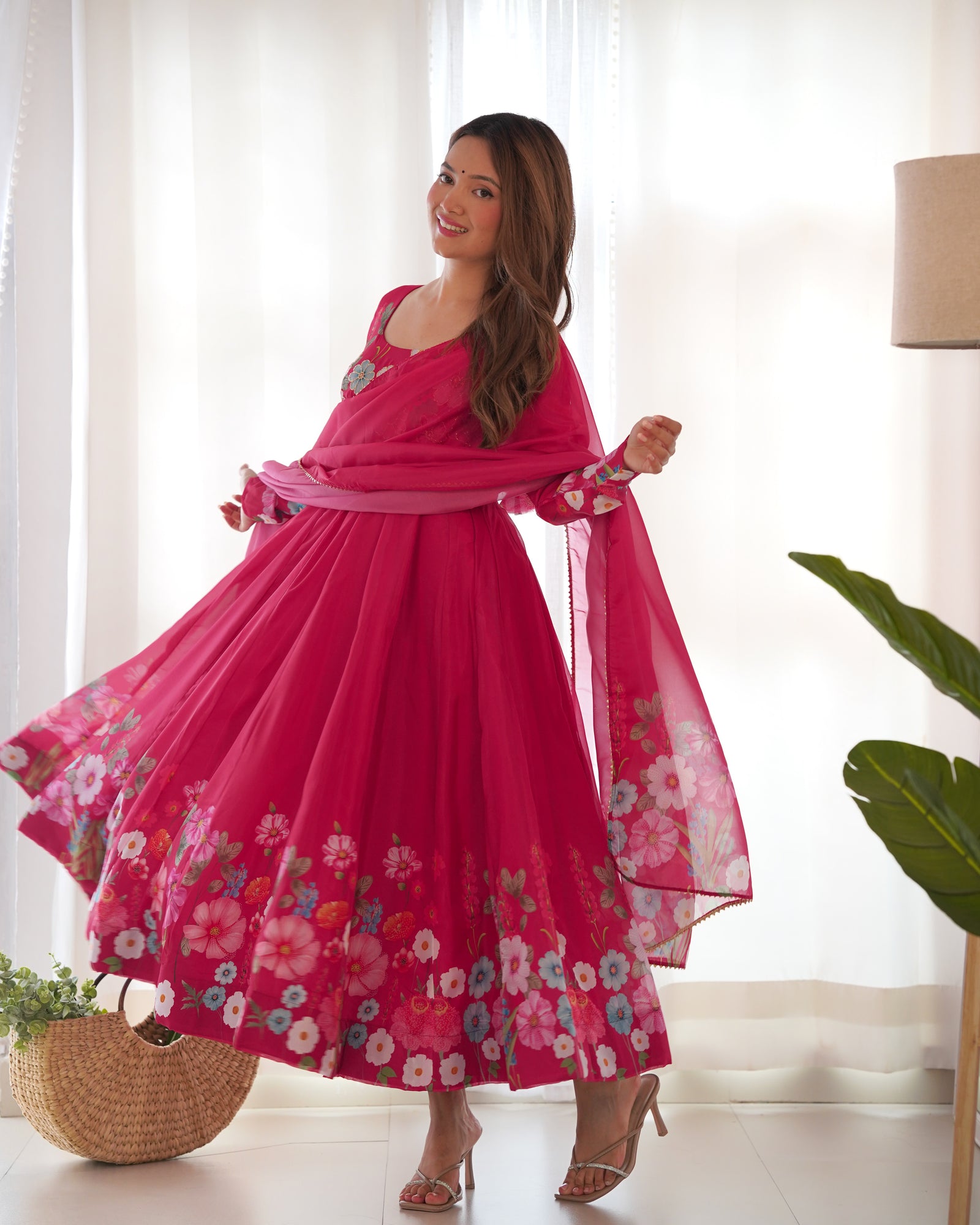 Pink Graceful Pure Organza Silk Anarkali Suit with Gota Patti Dupatta