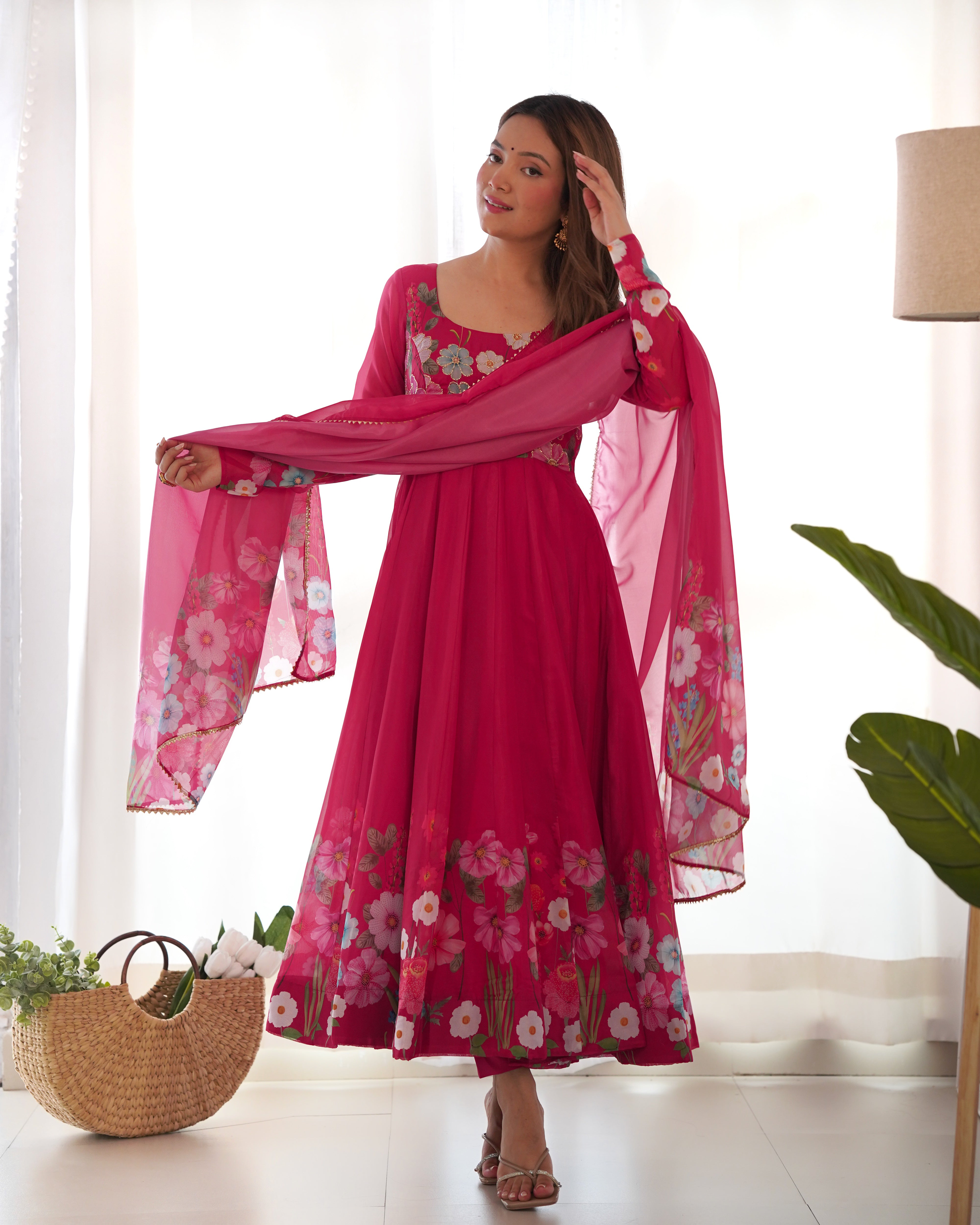 Pink Graceful Pure Organza Silk Anarkali Suit with Gota Patti Dupatta Secondary image