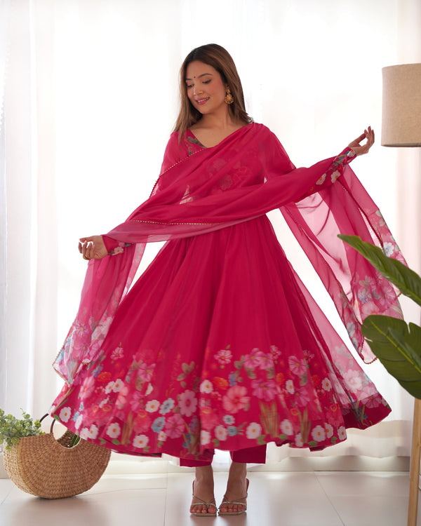 Pink Graceful Pure Organza Silk Anarkali Suit with Gota Patti Dupatta