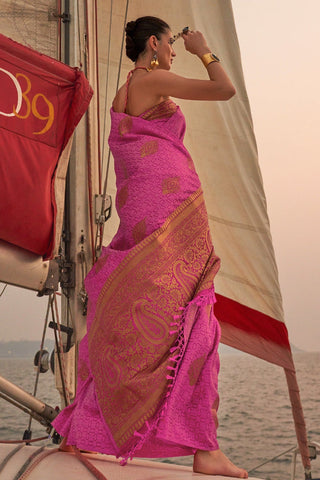 Pink Graceful Silk Blend Kanjivaram Saree with Tassel Detailing ClothsVilla