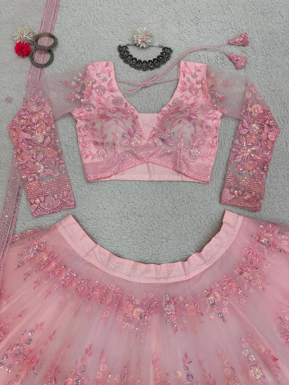 Pink Graceful Soft Net Semi-Stitched Lehenga Set with Sequence Embroidery & Fancy Latkans ClothsVilla