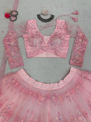 Pink Graceful Soft Net Semi-Stitched Lehenga Set with Sequence Embroidery & Fancy Latkans ClothsVilla