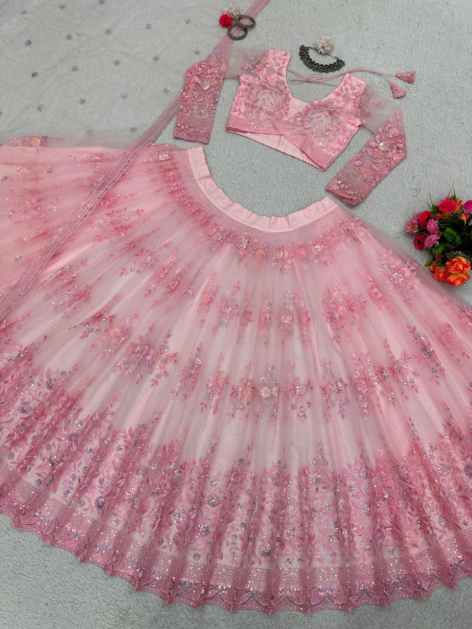 Pink Graceful Soft Net Semi-Stitched Lehenga Set with Sequence Embroidery & Fancy Latkans ClothsVilla