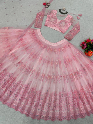 Pink Graceful Soft Net Semi-Stitched Lehenga Set with Sequence Embroidery & Fancy Latkans ClothsVilla