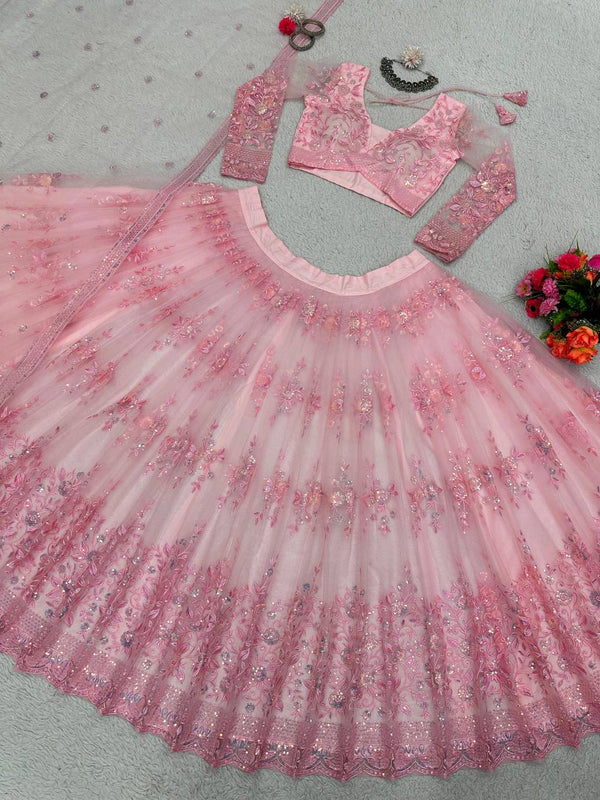 Pink Graceful Soft Net Semi-Stitched Lehenga Set with Sequence Embroidery & Fancy Latkans ClothsVilla