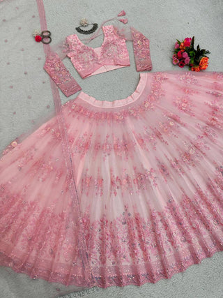 Pink Graceful Soft Net Semi-Stitched Lehenga Set with Sequence Embroidery & Fancy Latkans ClothsVilla