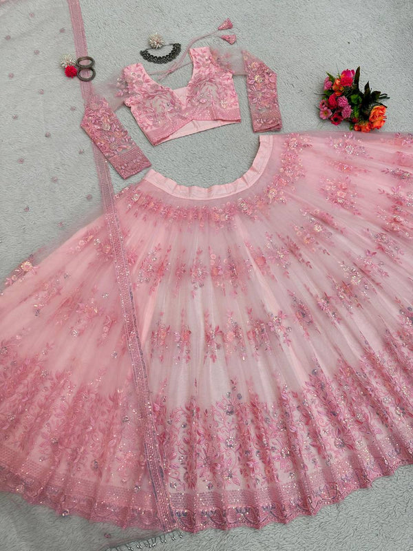 Pink Graceful Soft Net Semi-Stitched Lehenga Set with Sequence Embroidery & Fancy Latkans ClothsVilla