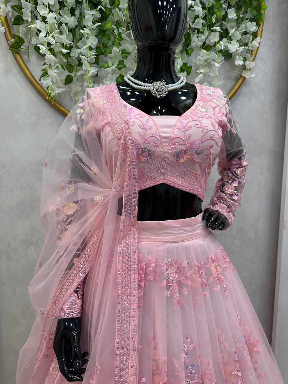 Pink Graceful Soft Net Semi-Stitched Lehenga Set with Sequence Embroidery & Fancy Latkans ClothsVilla