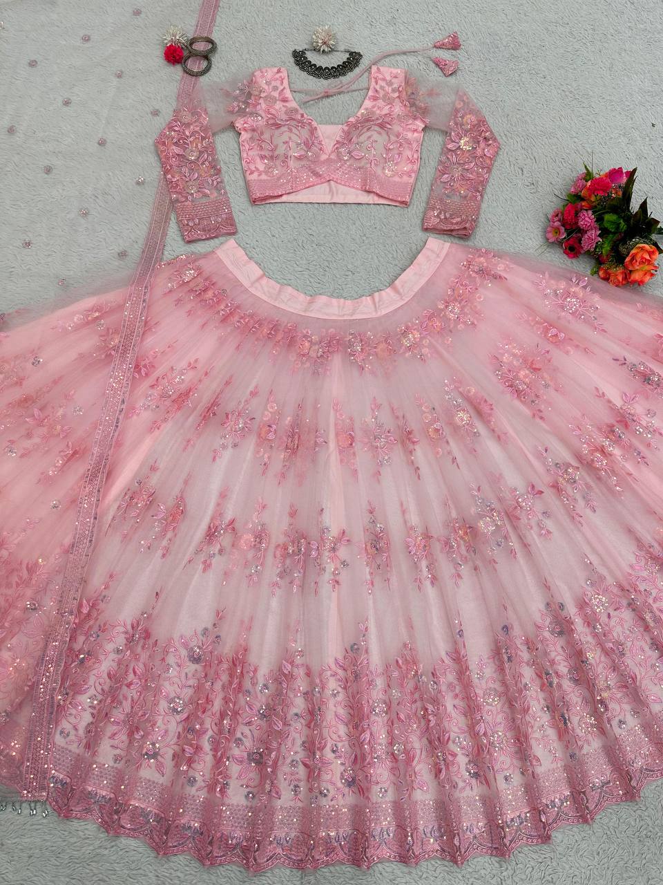 Pink Graceful Soft Net Semi-Stitched Lehenga Set with Sequence Embroidery & Fancy Latkans ClothsVilla