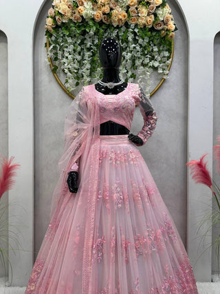 Pink Graceful Soft Net Semi-Stitched Lehenga Set with Sequence Embroidery & Fancy Latkans ClothsVilla