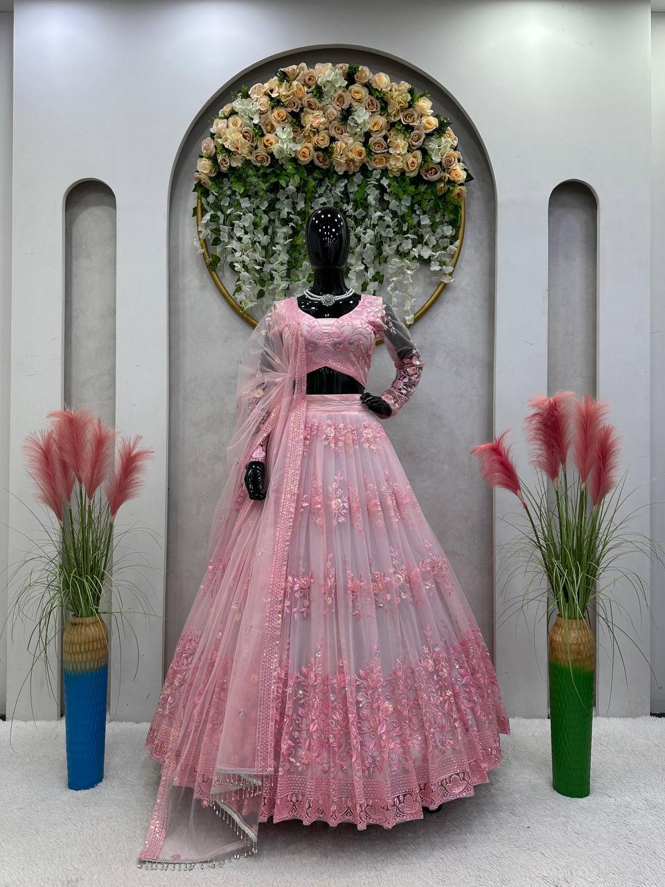 Pink Graceful Soft Net Semi-Stitched Lehenga Set with Sequence Embroidery & Fancy Latkans ClothsVilla Main image