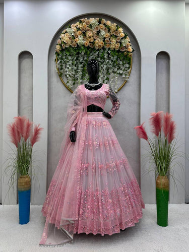 Pink Graceful Soft Net Semi-Stitched Lehenga Set with Sequence Embroidery & Fancy Latkans ClothsVilla