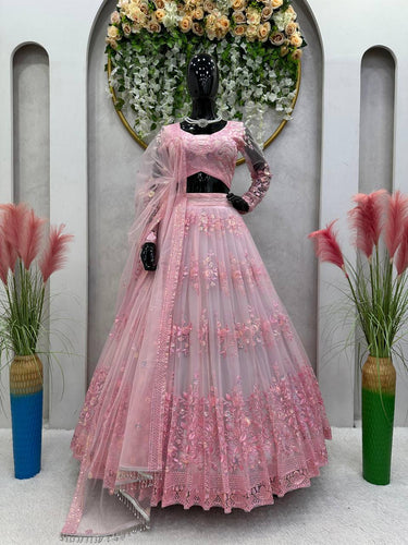 Pink Graceful Soft Net Semi-Stitched Lehenga Set with Sequence Embroidery & Fancy Latkans ClothsVilla