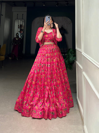 Pink Graceful Tussar Silk Floral Print Wedding Lehenga with Koti