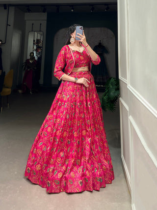 Pink Graceful Tussar Silk Floral Print Wedding Lehenga with Koti