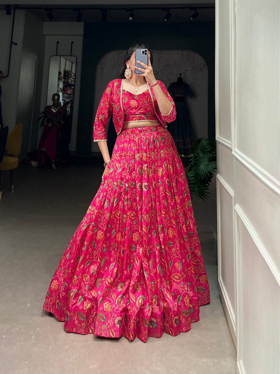 Pink Graceful Tussar Silk Floral Print Wedding Lehenga with Koti