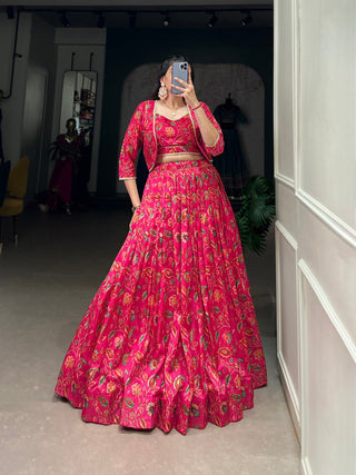 Pink Graceful Tussar Silk Floral Print Wedding Lehenga with Koti
