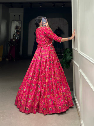 Pink Graceful Tussar Silk Floral Print Wedding Lehenga with Koti