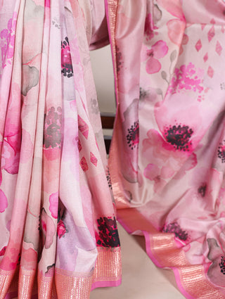 Pink Graceful Tussar Silk Printed Saree with Viscose Border ClothsVilla