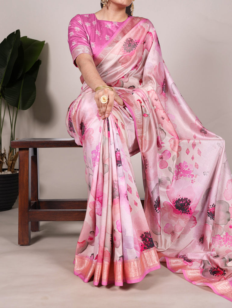 Pink Graceful Tussar Silk Printed Saree with Viscose Border ClothsVilla