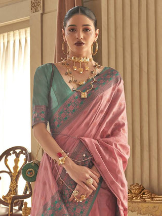 Pink Graceful Woven Banarasi Silk Blend Saree with Tassel Detailing ClothsVilla