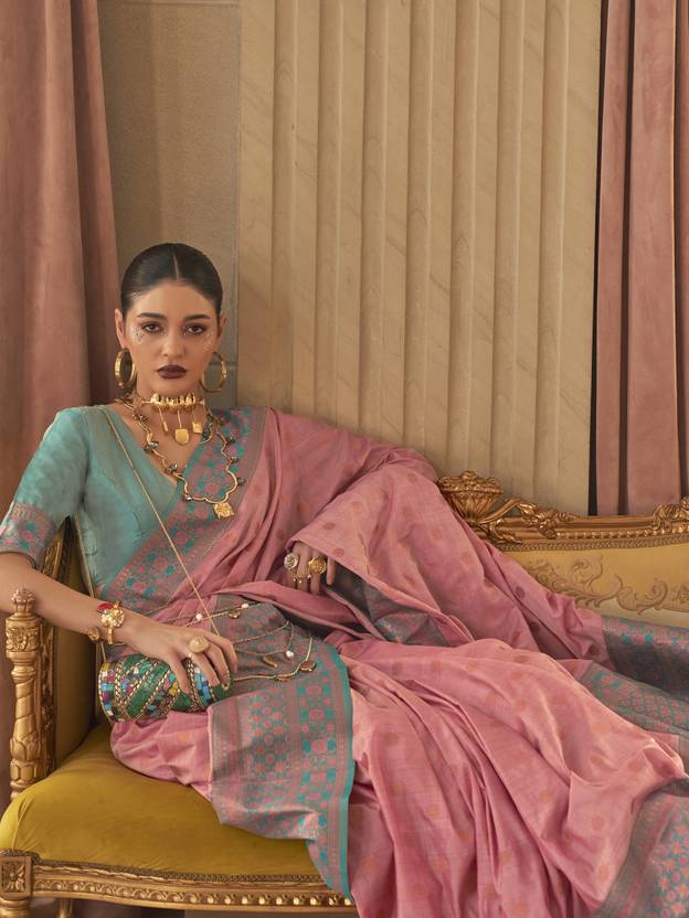 Pink Graceful Woven Banarasi Silk Blend Saree with Tassel Detailing ClothsVilla