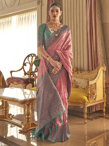 Pink Graceful Woven Banarasi Silk Blend Saree with Tassel Detailing ClothsVilla