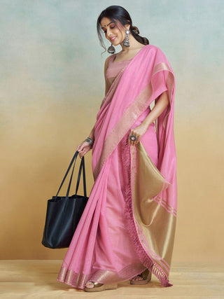 Pink Graceful Woven Handloom Pure Cotton Saree with Chanderi Cotton Clothsvilla